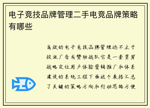 电子竞技品牌管理二手电竞品牌策略有哪些